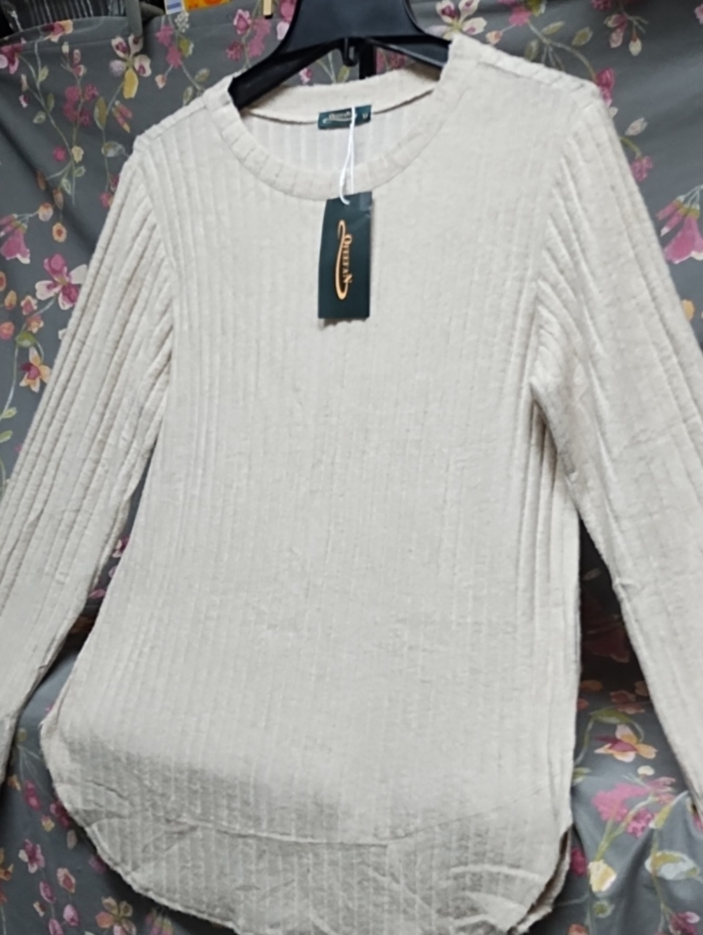 Ribbed Lightweight Crewneck Tunic Top in Beige